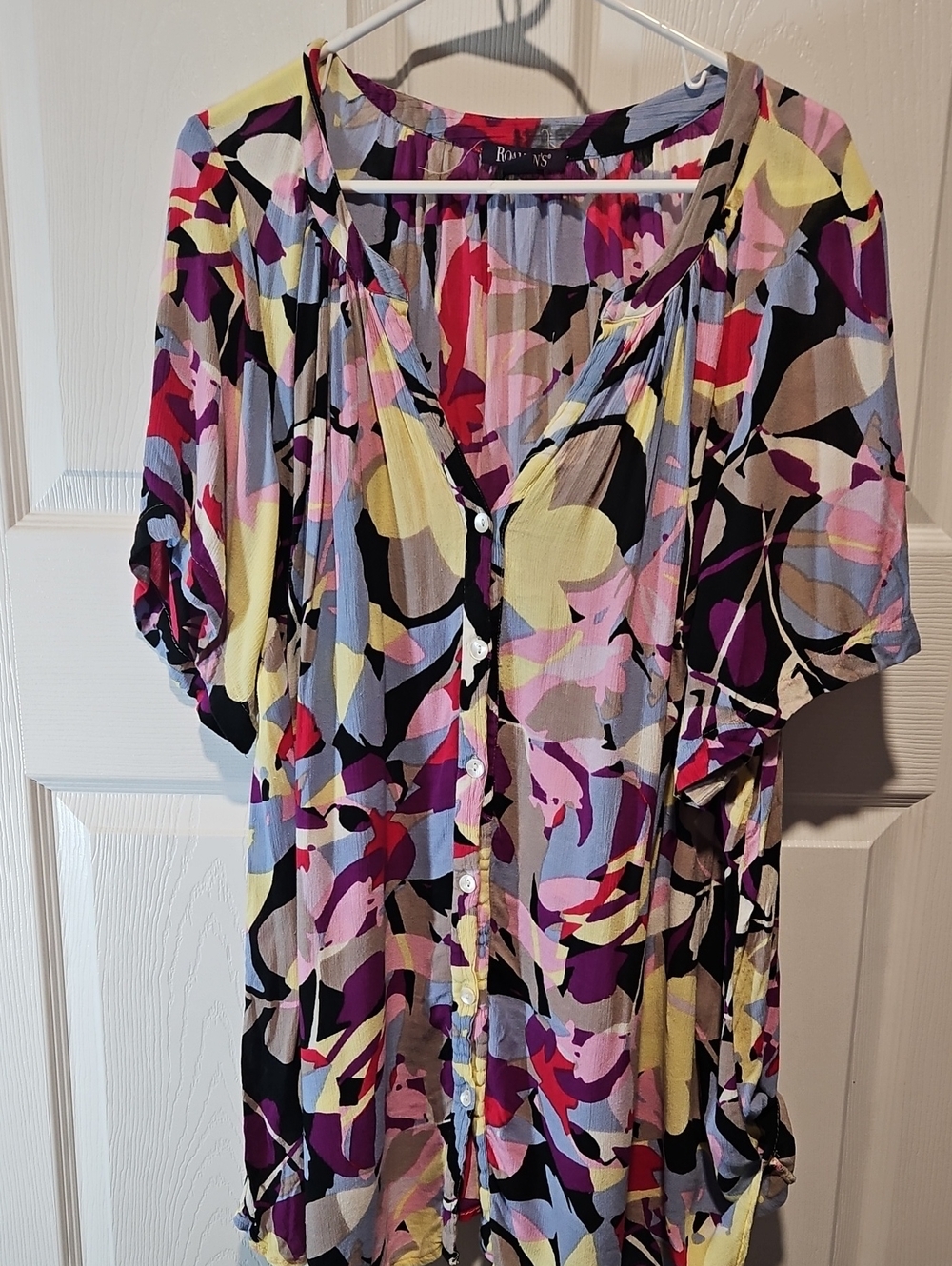 Roaman's Multicolor Abstract Floral Button-Front Blouse